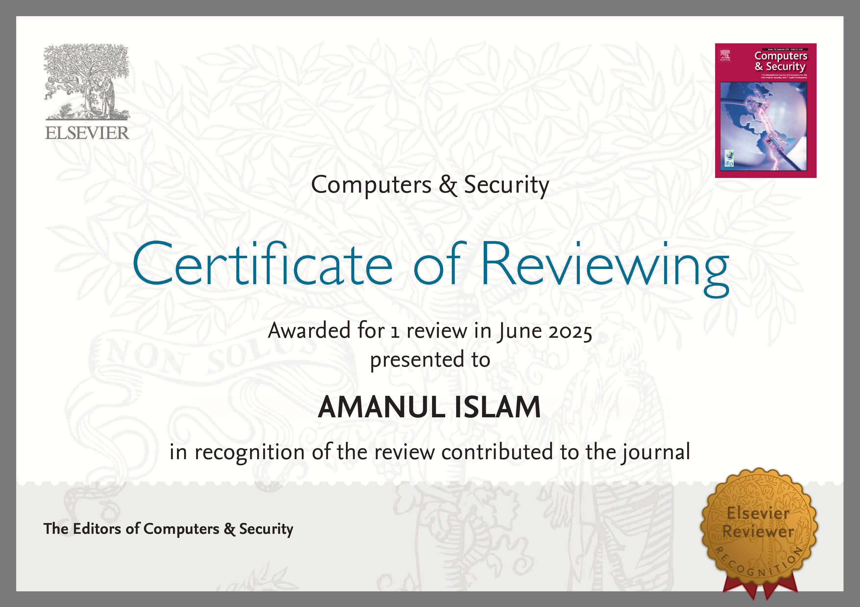 Certificate from Computers & Security