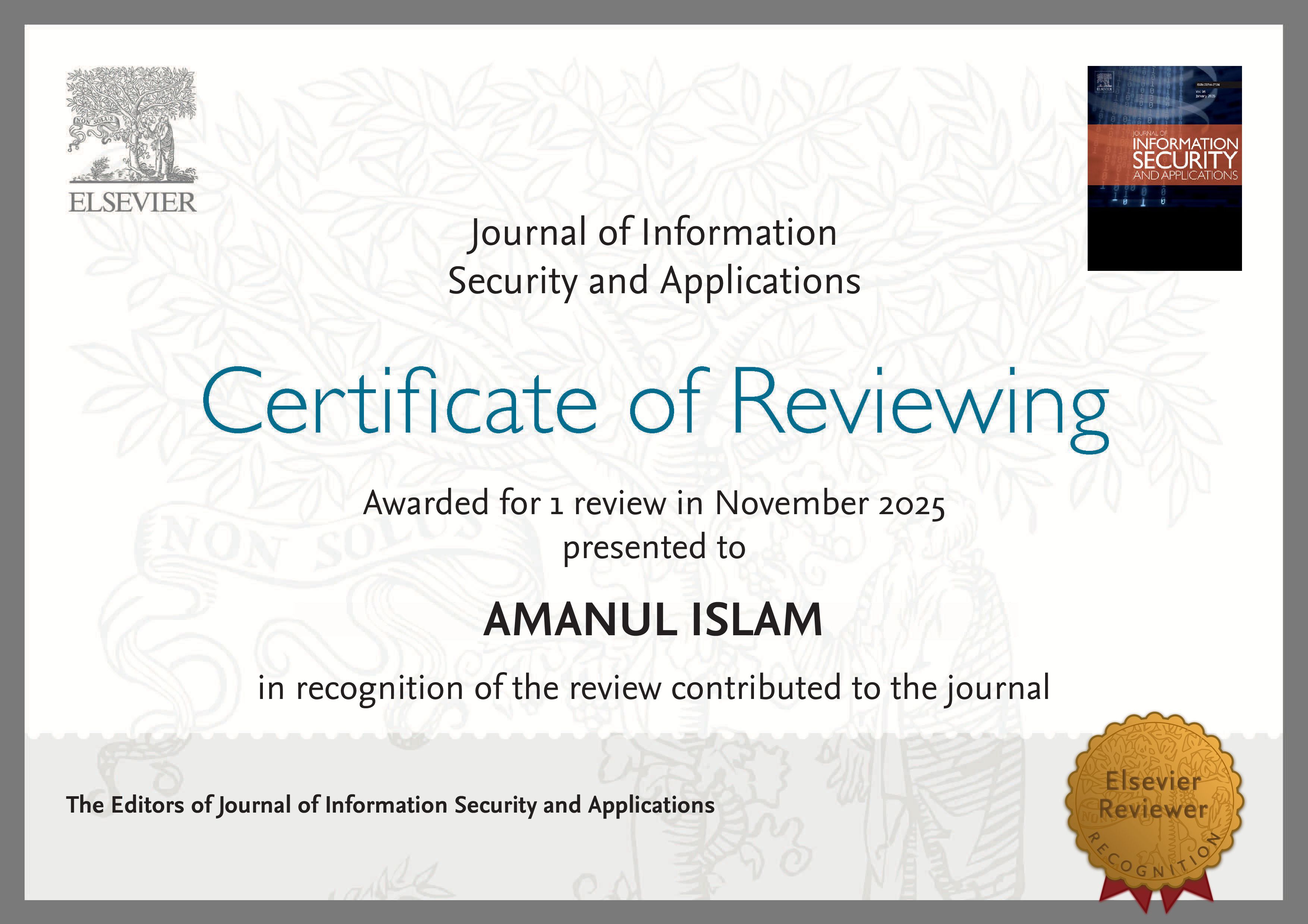 Certificate from Journal of Information Security and Applications