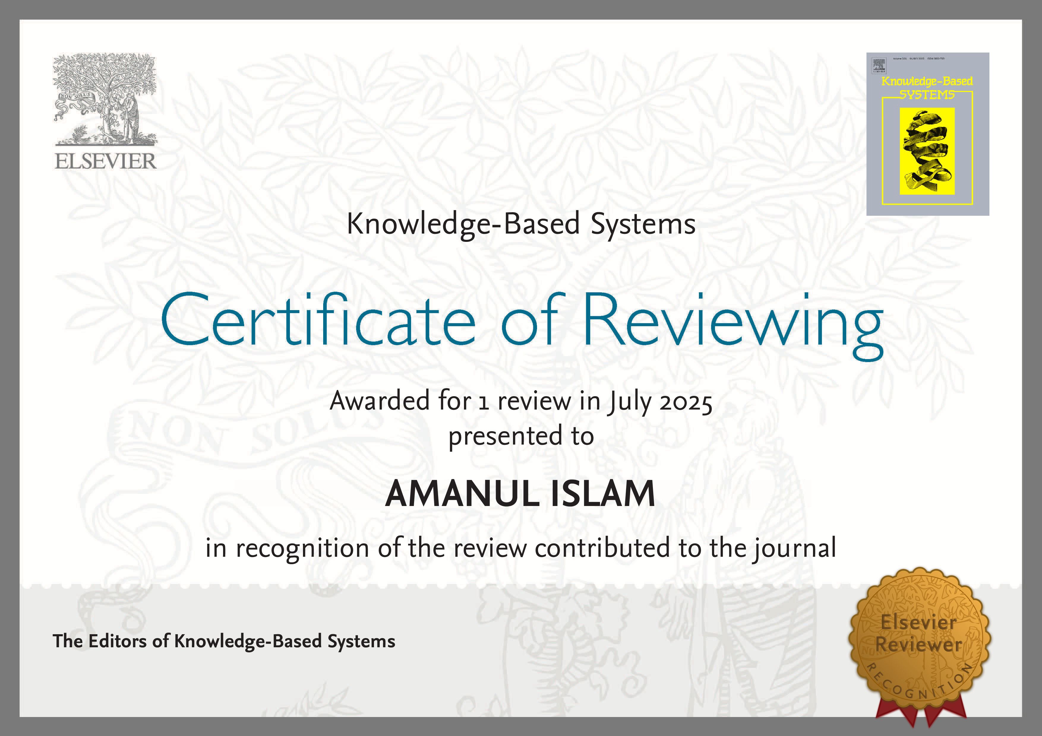 Certificate from Knowledge-Based Systems