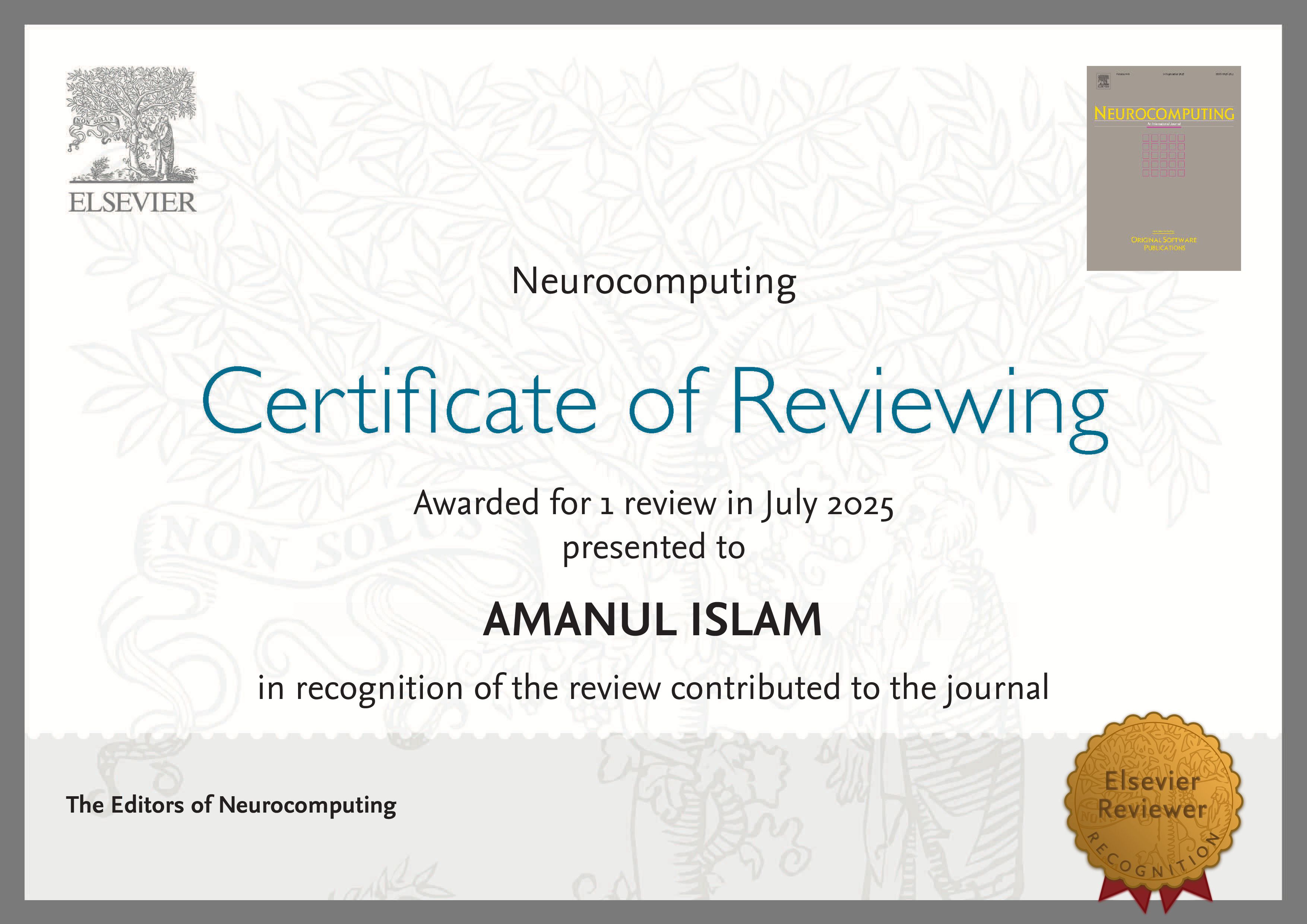 Certificate from Neurocomputing