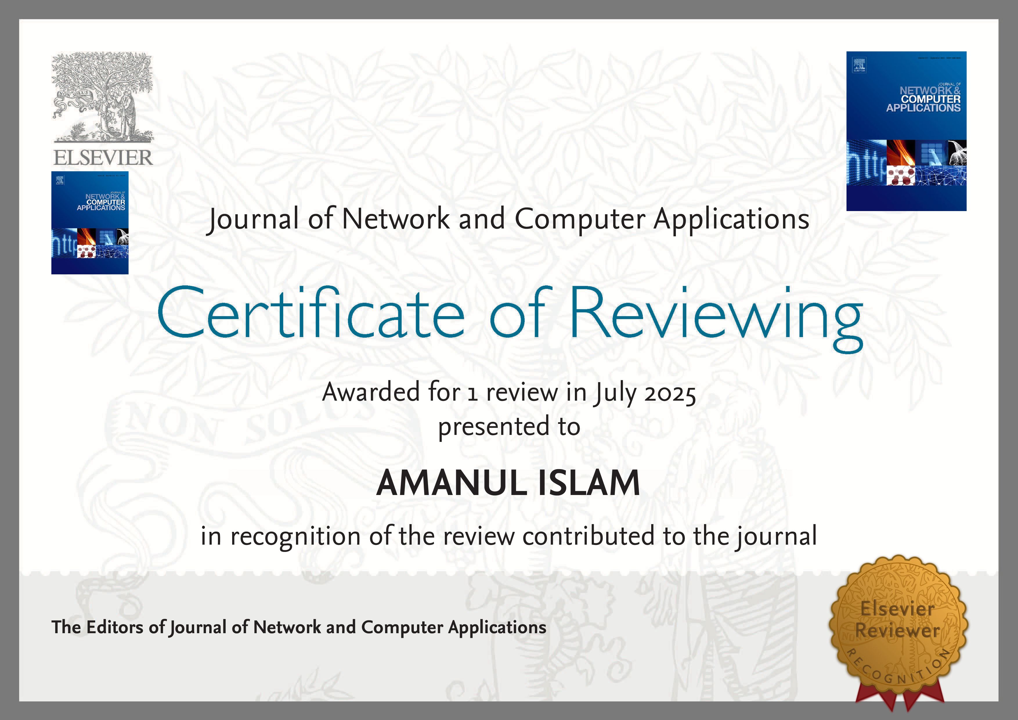 Certificate from Journal of Network and Computer Applications