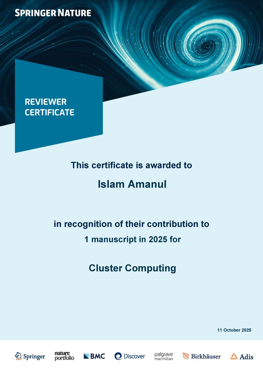 Certificate from Journal of Cluster Computing