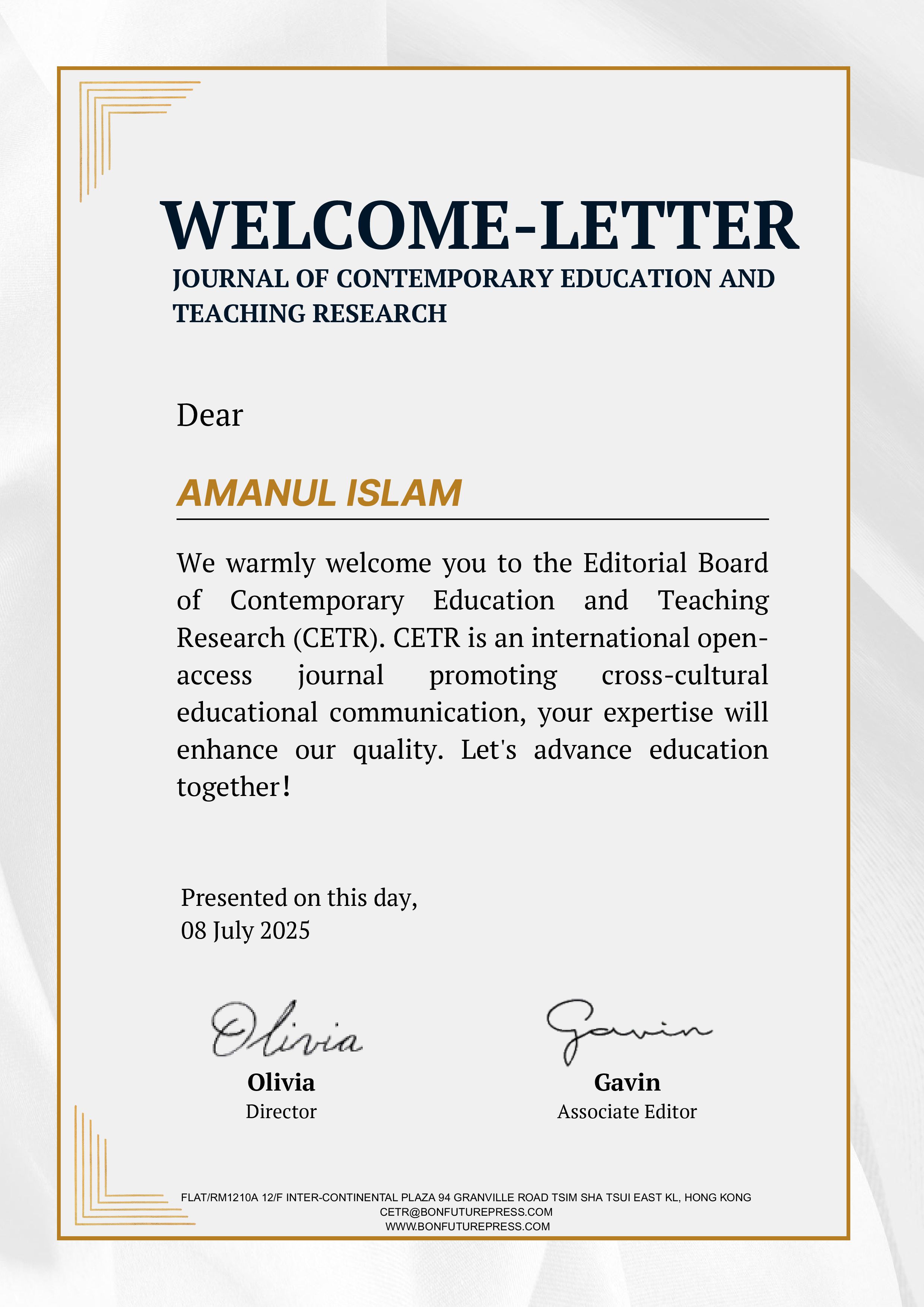Certificate from  Journal of Contemporary Education and Teaching Research