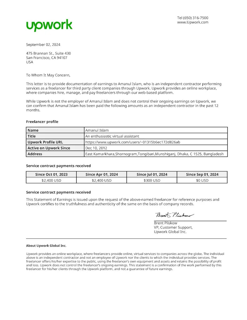 Upwork Freelance Earnings Certificate